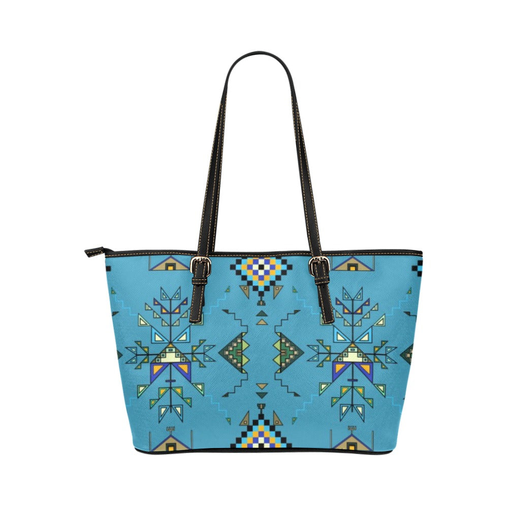 Bear Shield Blue Leather Tote Bag/Large