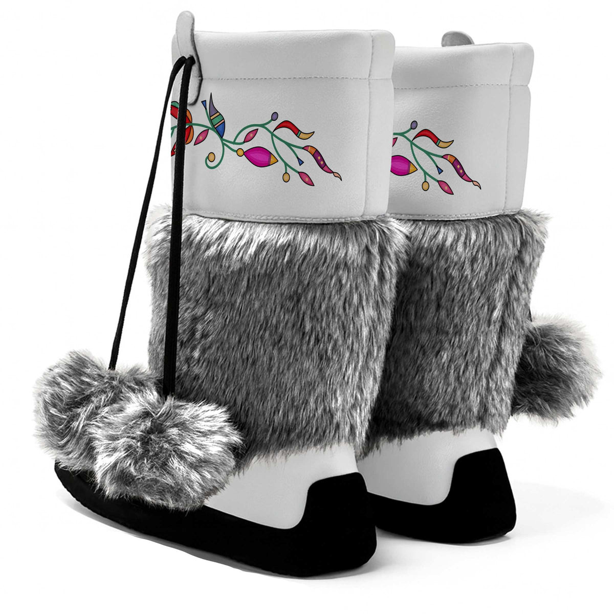 Ancestral Embers White MocLux Calf with Grey Fur pair from behind, grey fur and pom-poms