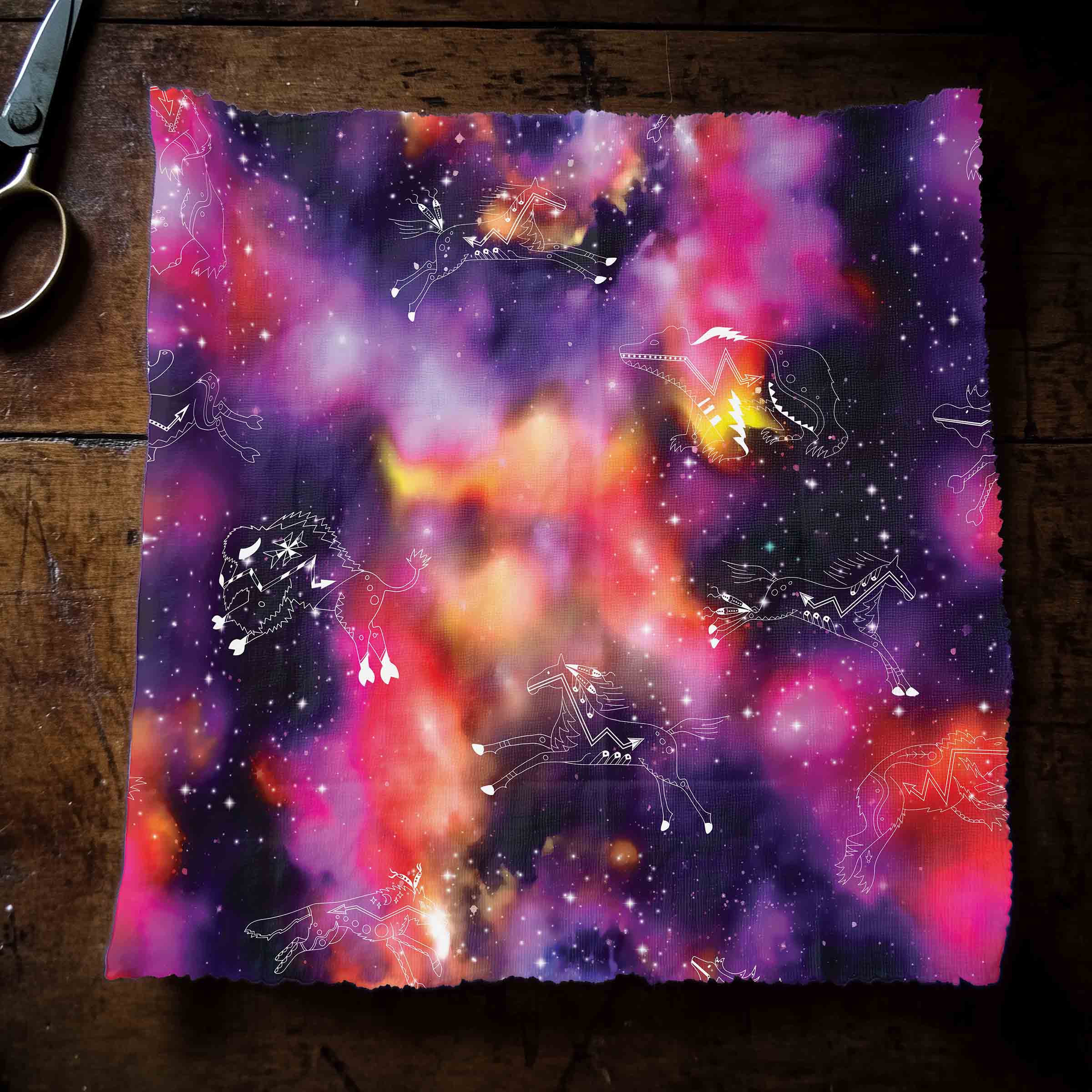 Animal Ancestors Cosmic Swirl Purple and Red Satin Fabric By the Yard Pre Order