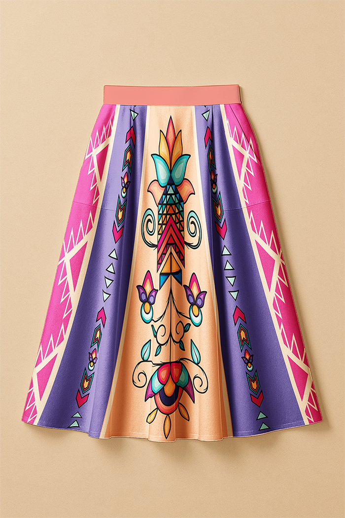 Arrow Blossom Path Bright Elastic Waist Pocket Midi Skirt