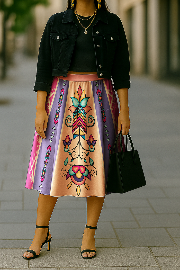 Arrow Blossom Path Bright Elastic Waist Pocket Midi Skirt