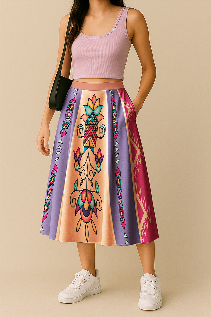 Arrow Blossom Path Bright Elastic Waist Pocket Midi Skirt