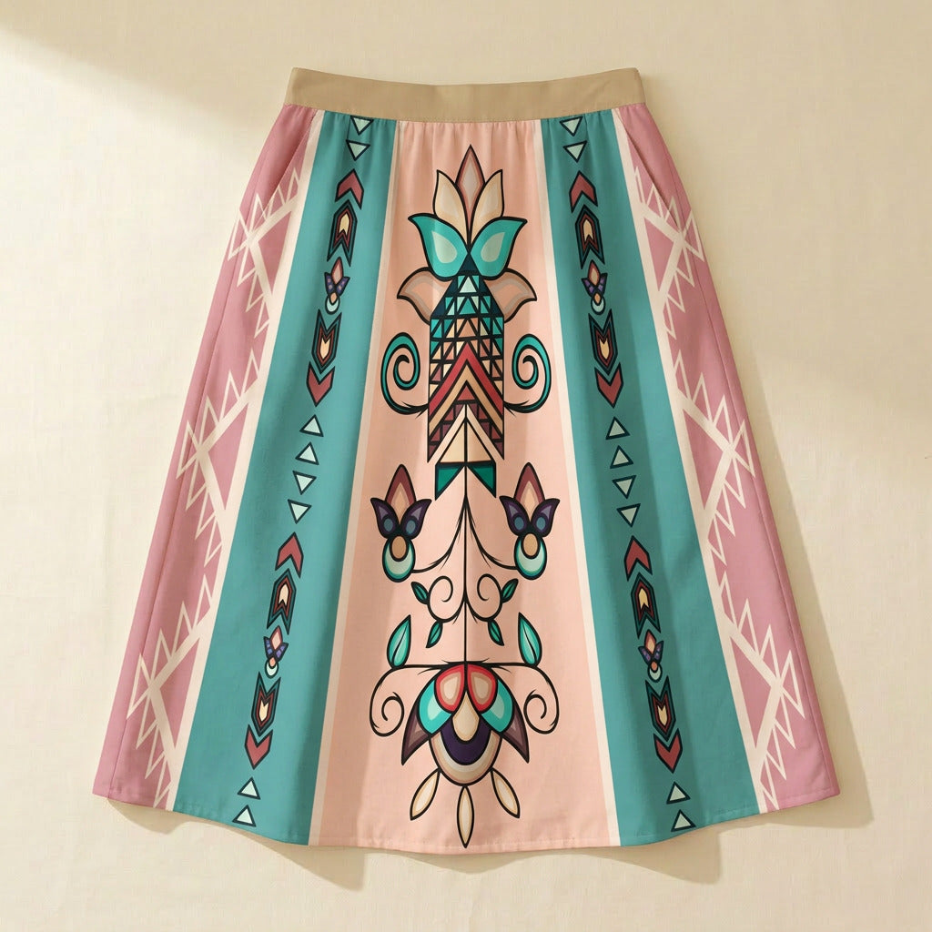 Arrow Blossom Path Pastel Elastic Waist Pocket Midi Skirt
