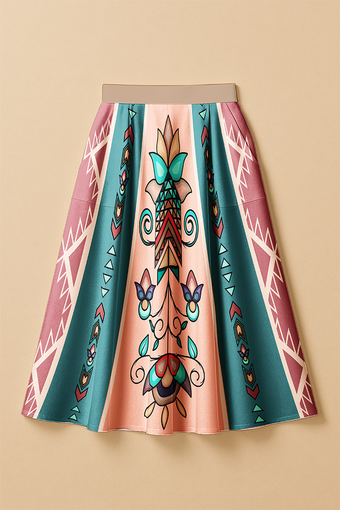 Arrow Blossom Path Pastel Elastic Waist Pocket Midi Skirt