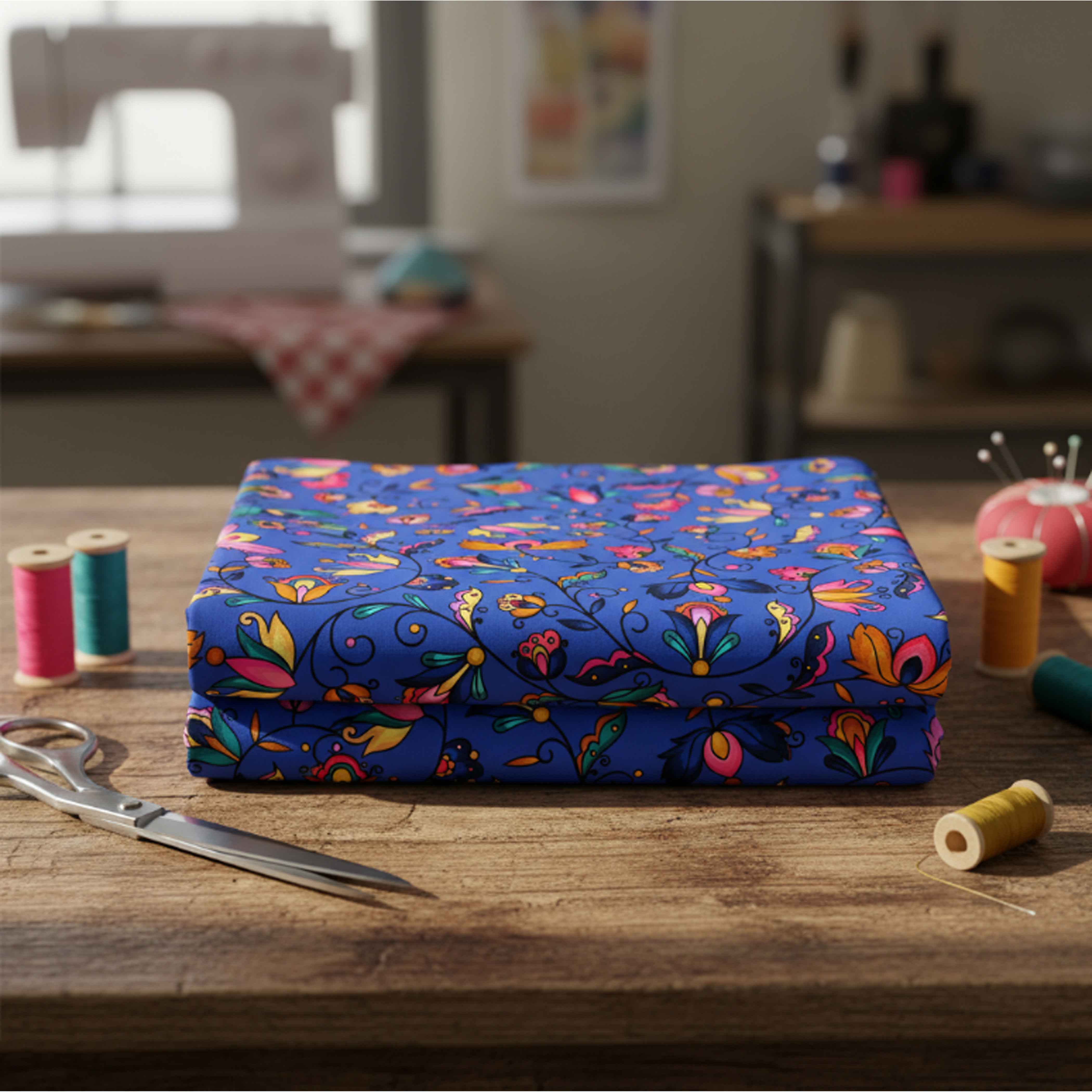 Copper Prairie Petals Blue Satin Fabric By the Yard Pre Order