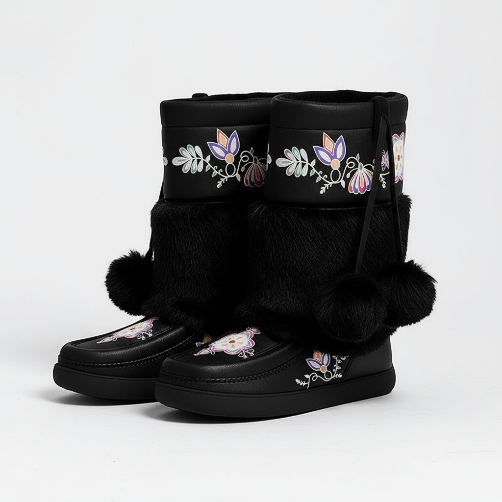 Aurora Petal Glow Real Black Leather MocLux Calf with Fur