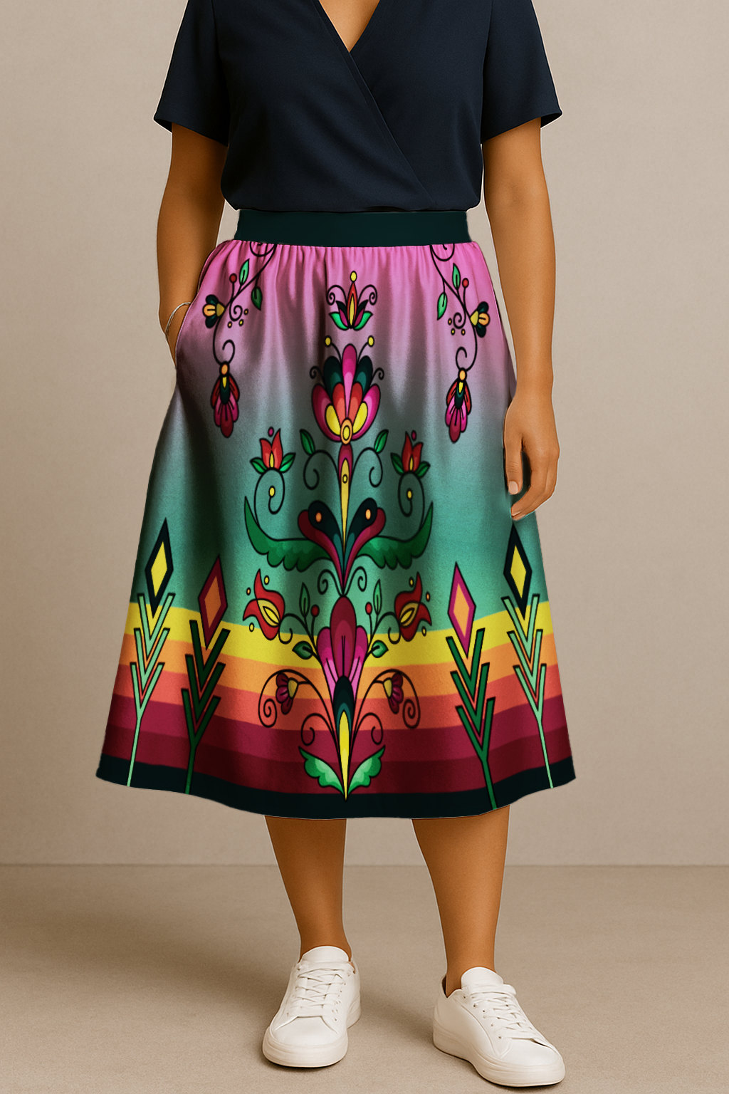 Autumn Kinship Wreath Elastic Waist Pocket Midi Skirt