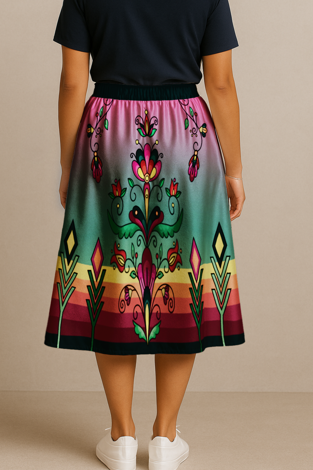Autumn Kinship Wreath Elastic Waist Pocket Midi Skirt