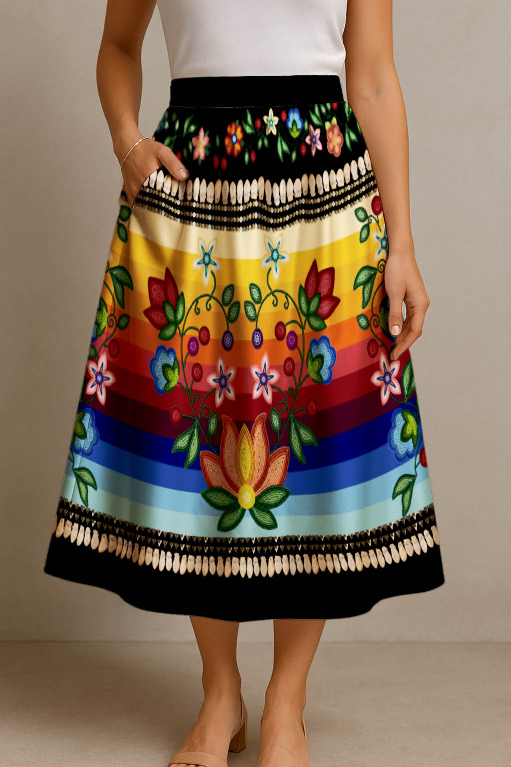 Beaded Offering Black 1 Elastic Waist Pocket Midi Skirt