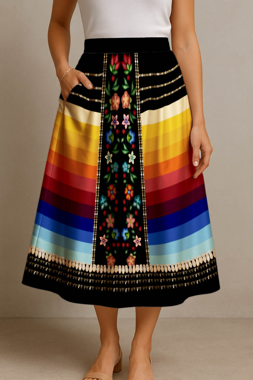 Beaded Offering Black 2 Elastic Waist Pocket Midi Skirt