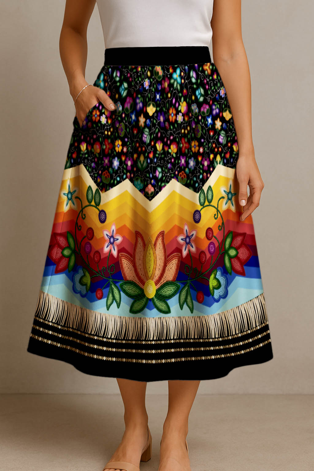 Beaded Offering Black 3 Elastic Waist Pocket Midi Skirt