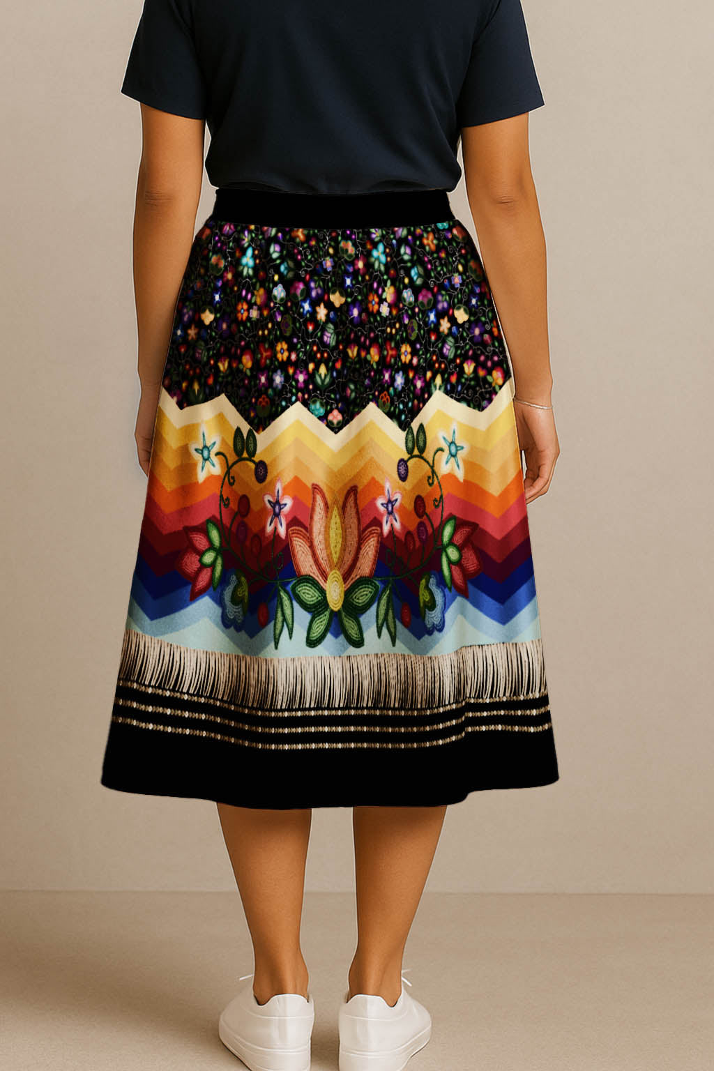 Beaded Offering Black 3 Elastic Waist Pocket Midi Skirt