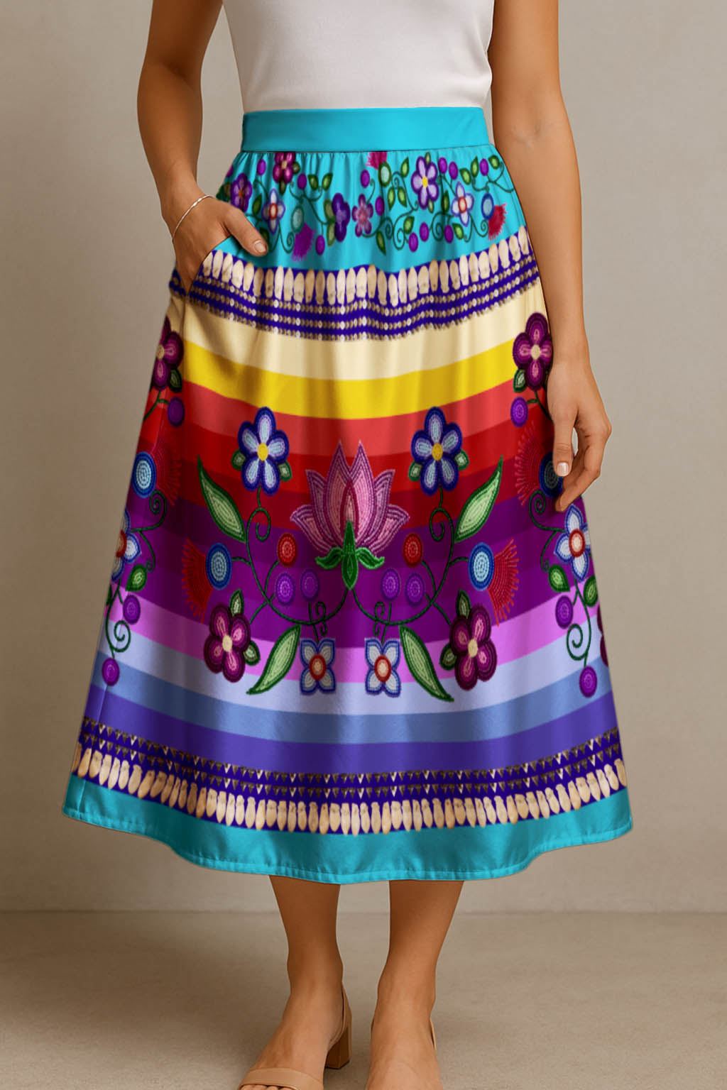 Beaded Offering Blue 1 Elastic Waist Pocket Midi Skirt