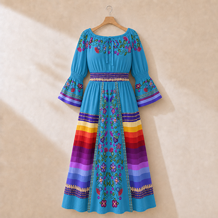 Beaded Offering Blue 2 Smocked Waist Peasant Dress