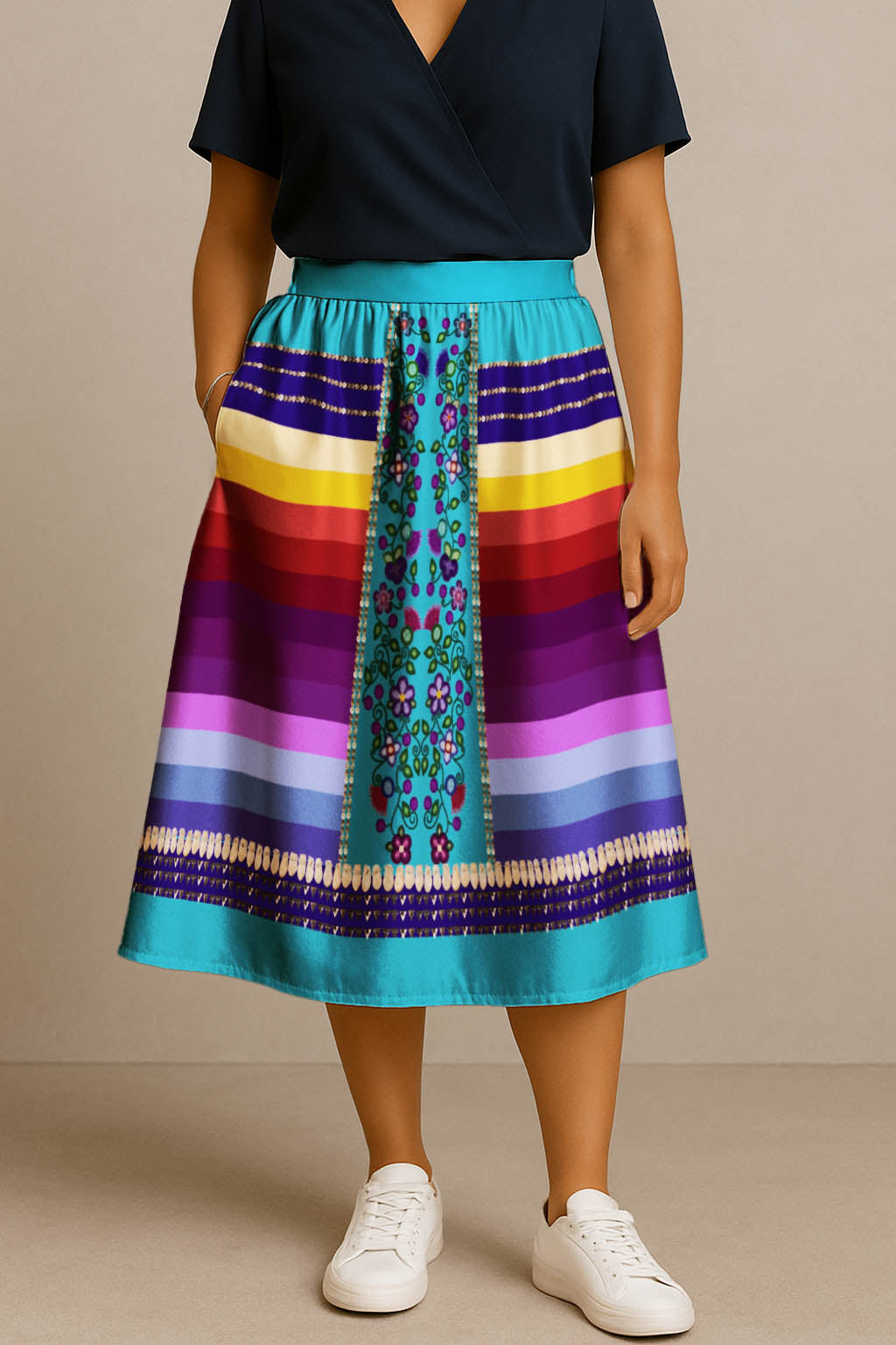 Beaded Offering Blue 2 Elastic Waist Pocket Midi Skirt
