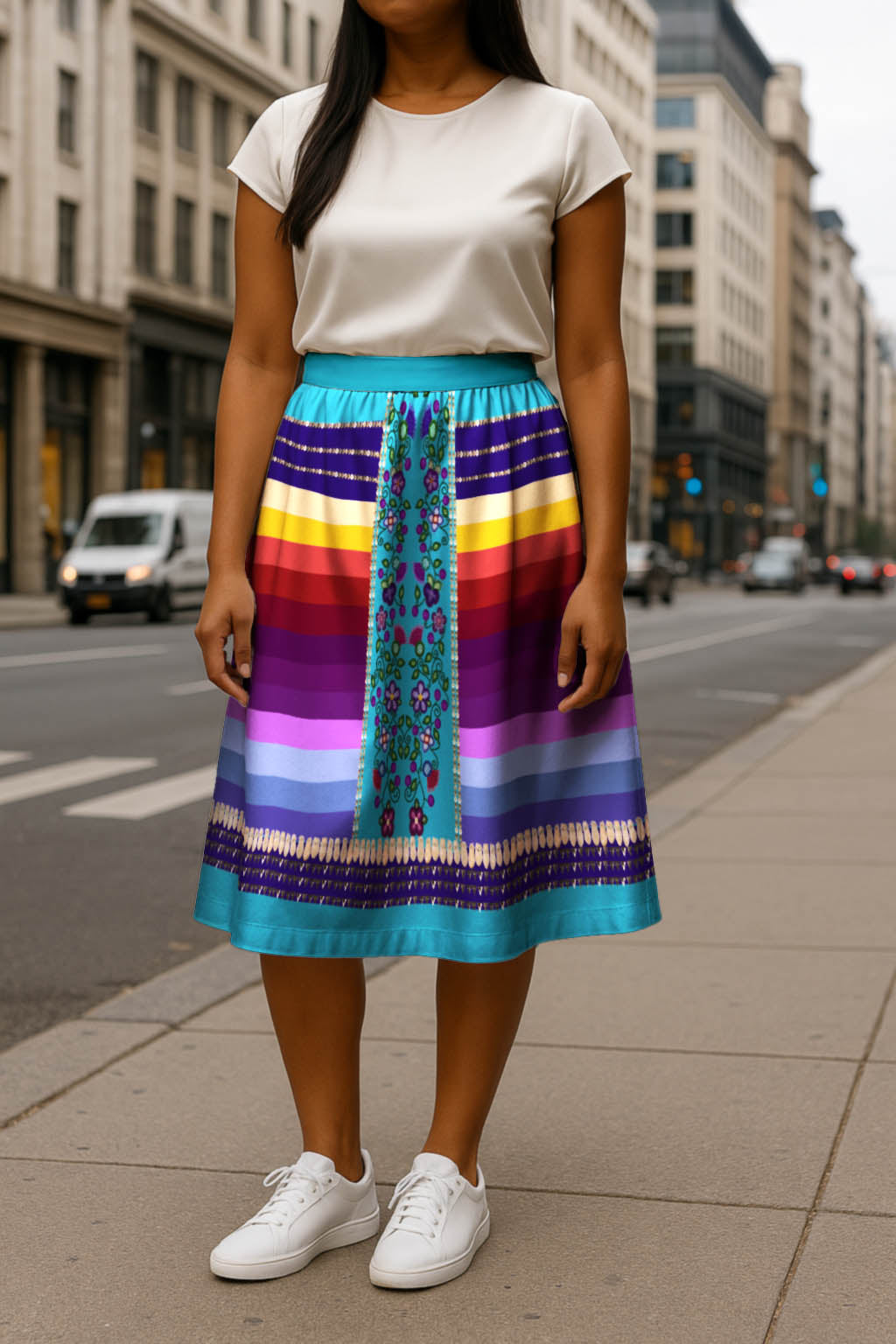 Beaded Offering Blue 2 Elastic Waist Pocket Midi Skirt