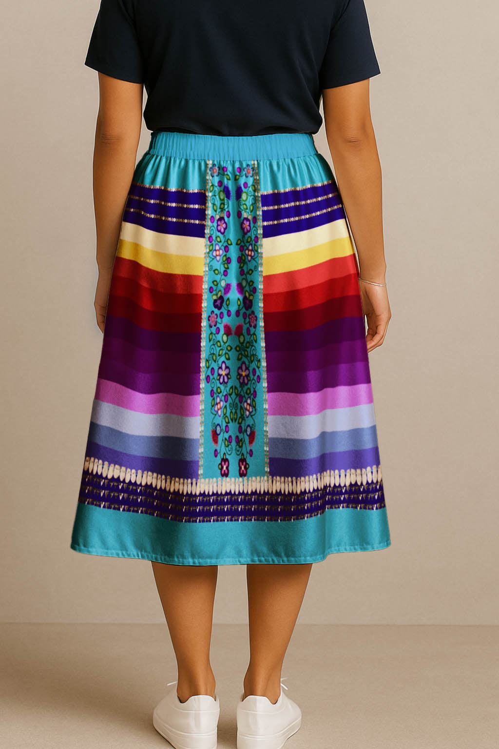 Beaded Offering Blue 2 Elastic Waist Pocket Midi Skirt