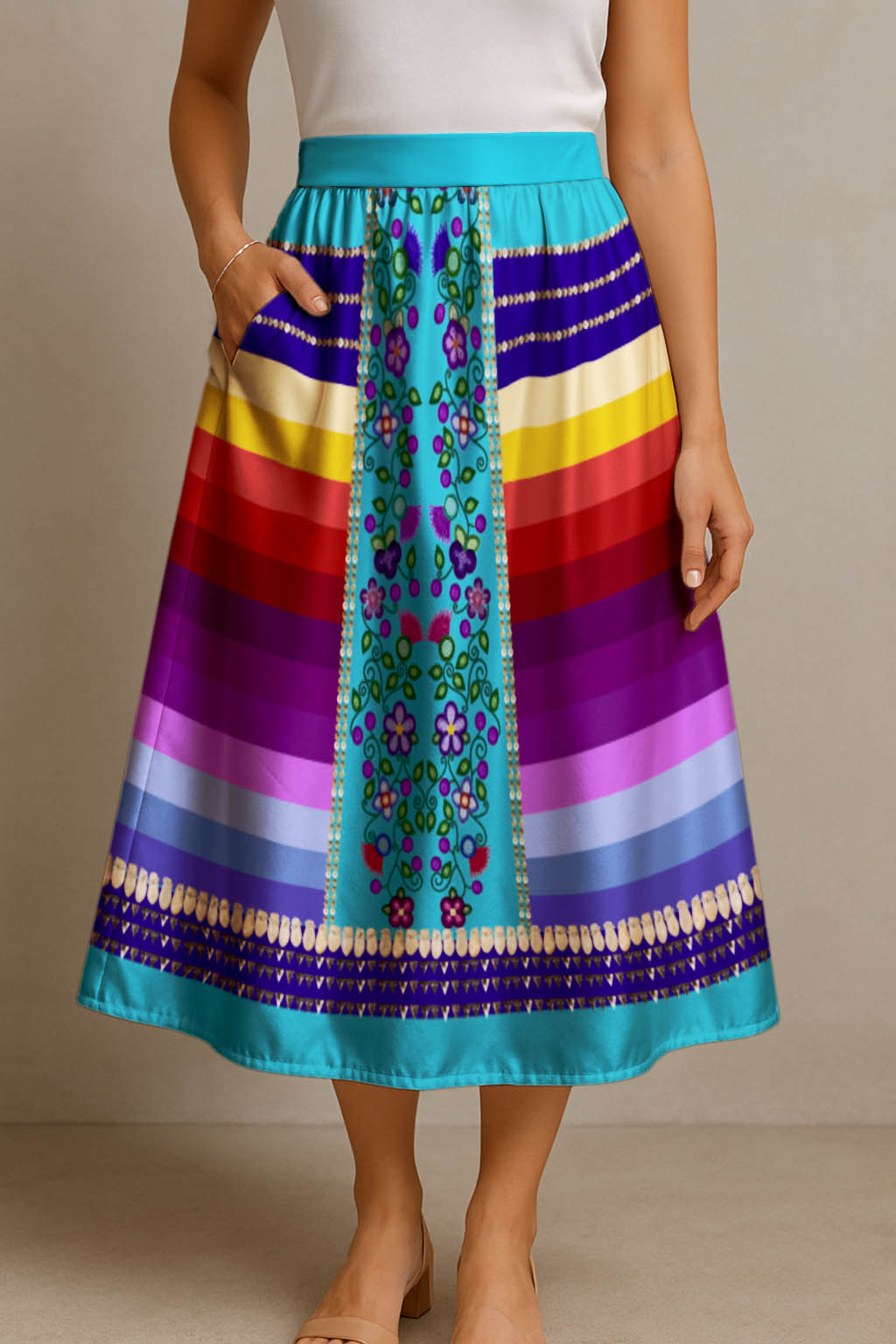 Beaded Offering Blue 2 Elastic Waist Pocket Midi Skirt