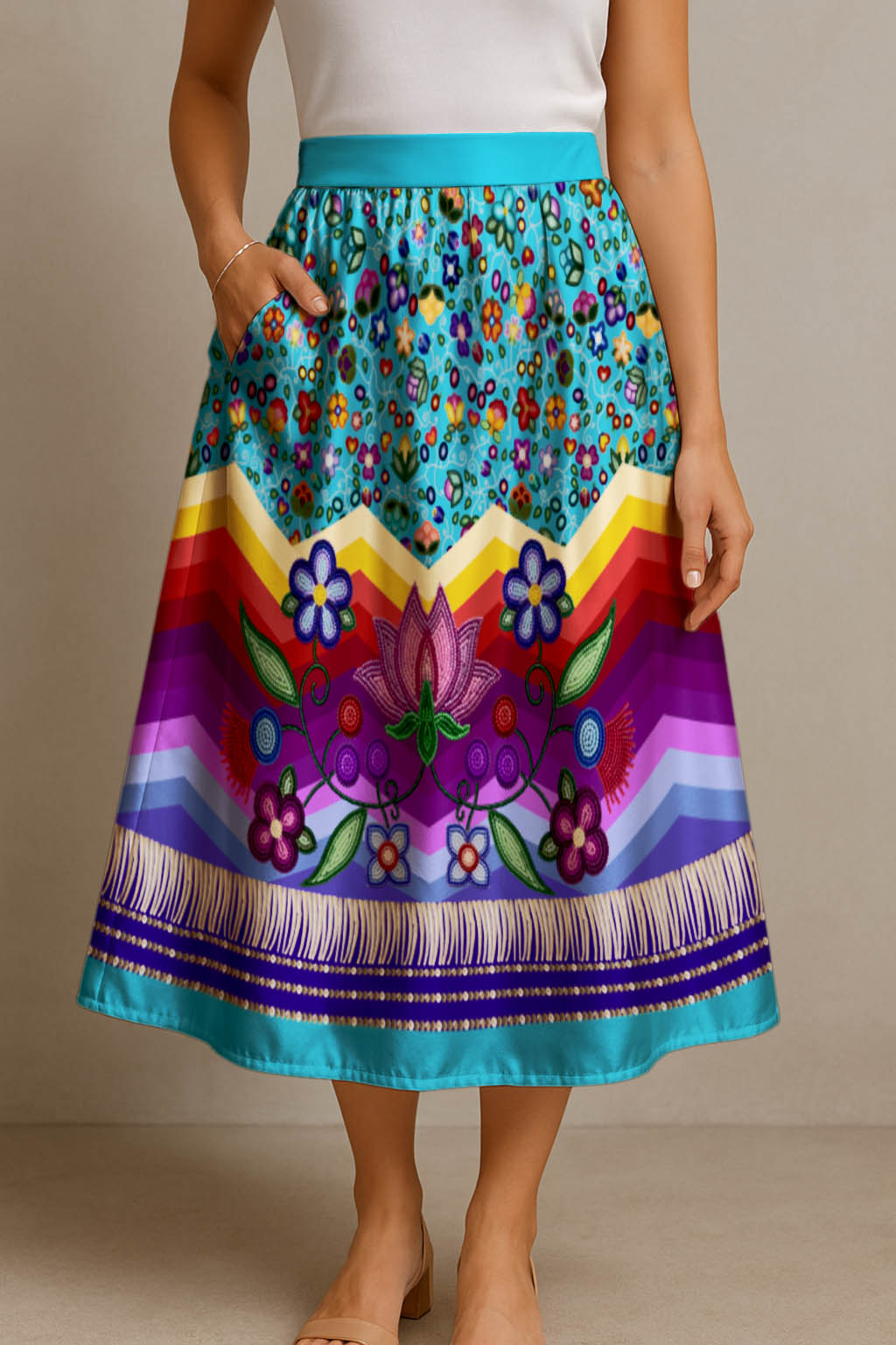 Beaded Offering Blue 3 Elastic Waist Pocket Midi Skirt