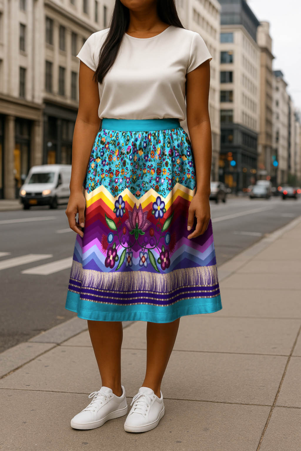 Beaded Offering Blue 3 Elastic Waist Pocket Midi Skirt