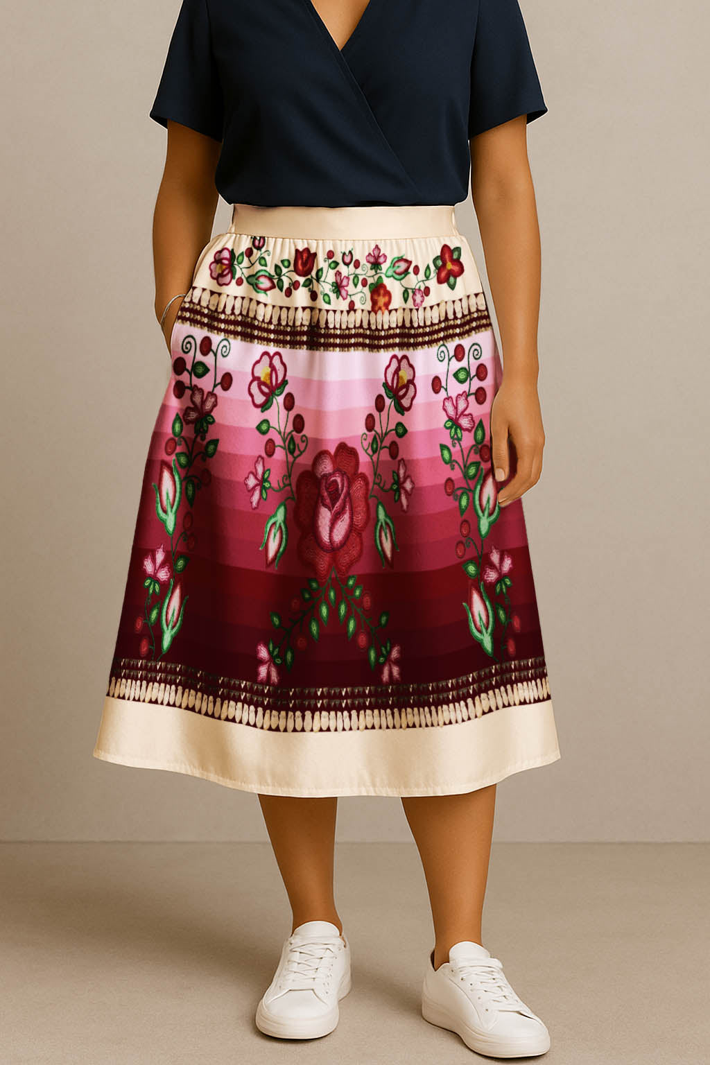 Beaded Offering Cream 1 Elastic Waist Pocket Midi Skirt