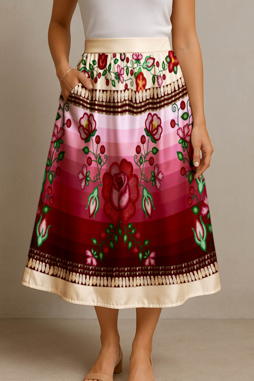 Beaded Offering Cream 1 Elastic Waist Pocket Midi Skirt