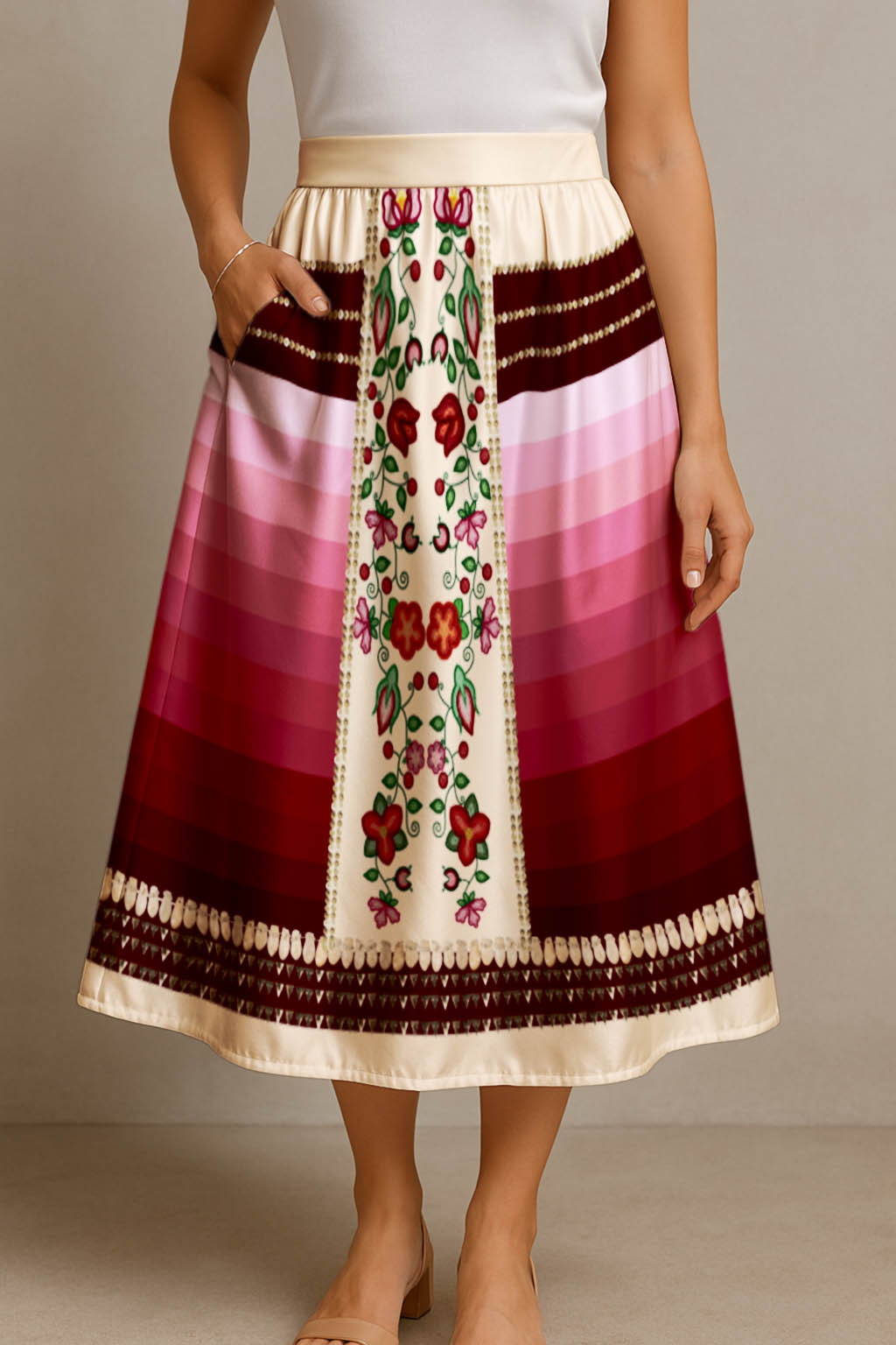 Beaded Offering Cream 2 Elastic Waist Pocket Midi Skirt