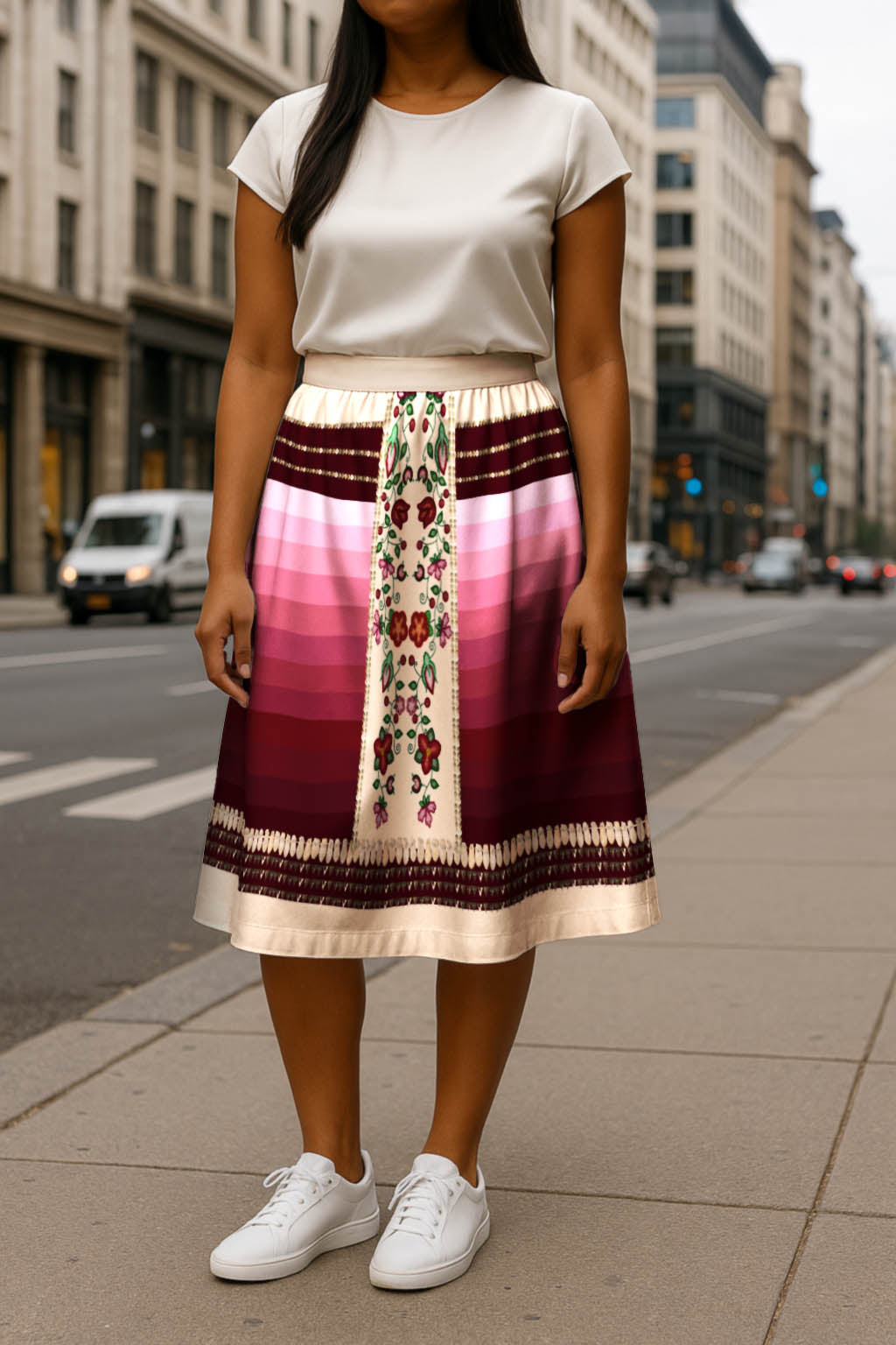 Beaded Offering Cream 2 Elastic Waist Pocket Midi Skirt