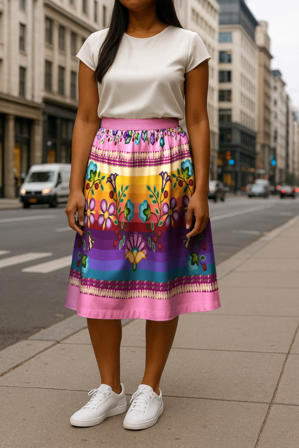 Beaded Offering Pink 1 Elastic Waist Pocket Midi Skirt