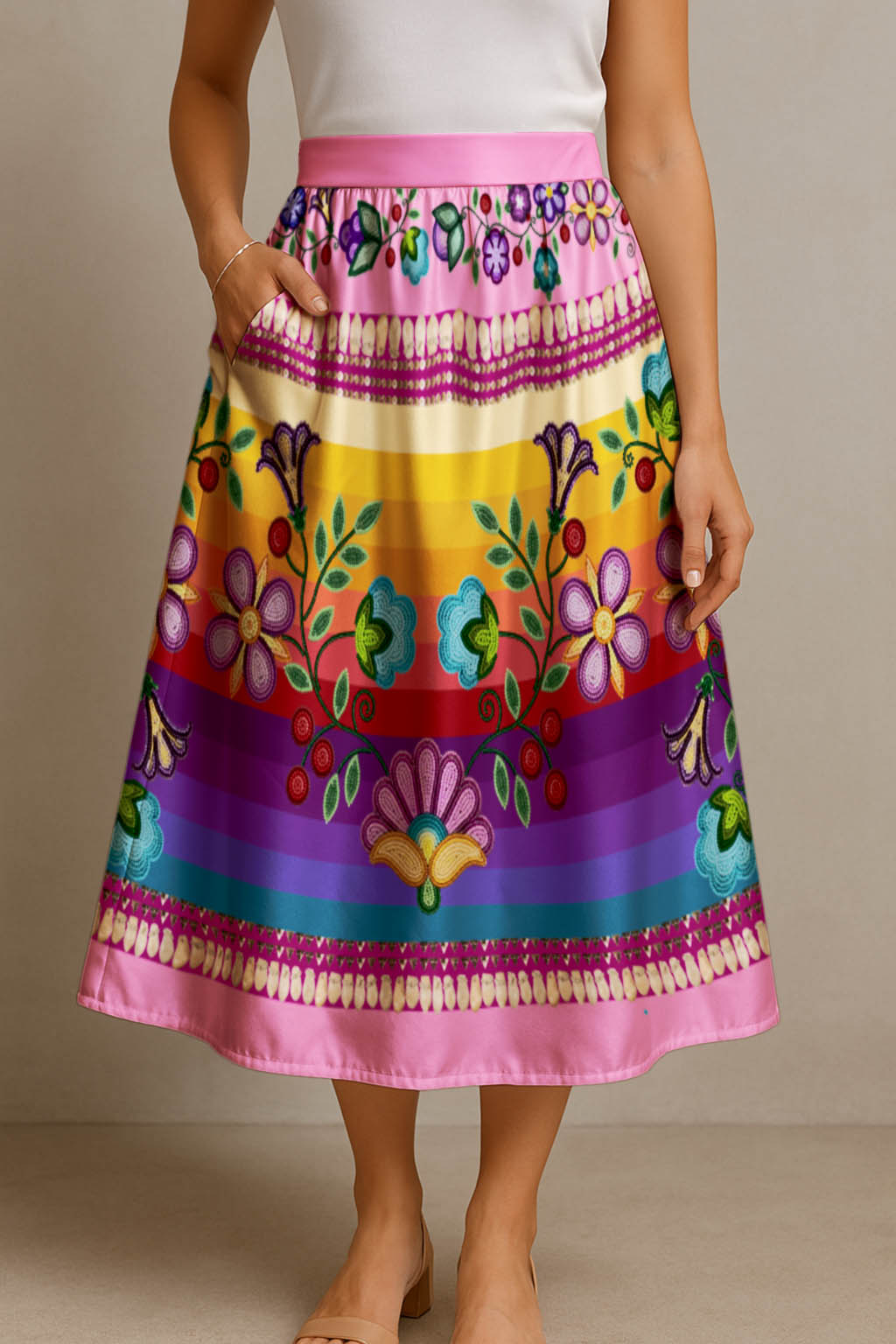 Beaded Offering Pink 1 Elastic Waist Pocket Midi Skirt