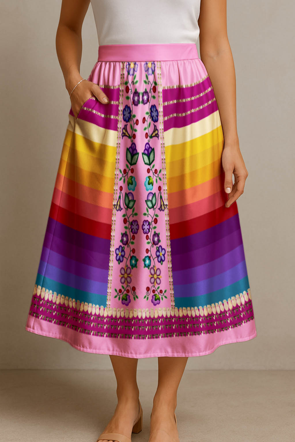 Beaded Offering Pink 2 Elastic Waist Pocket Midi Skirt