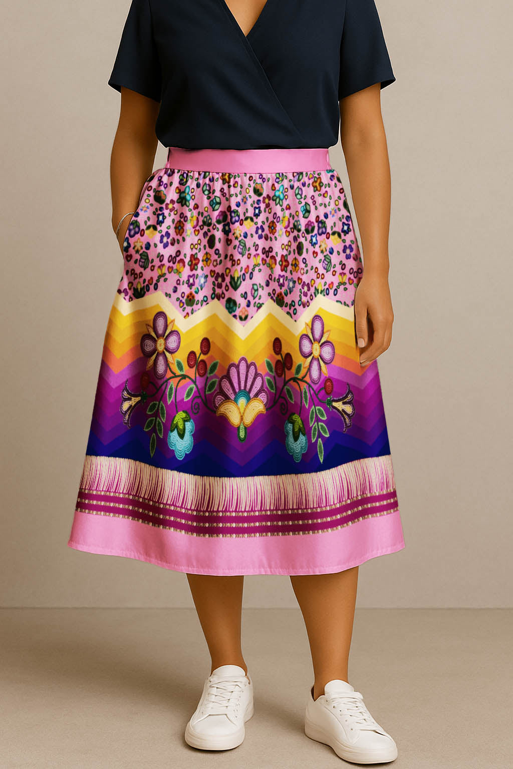 Beaded Offering Pink 3 Elastic Waist Pocket Midi Skirt