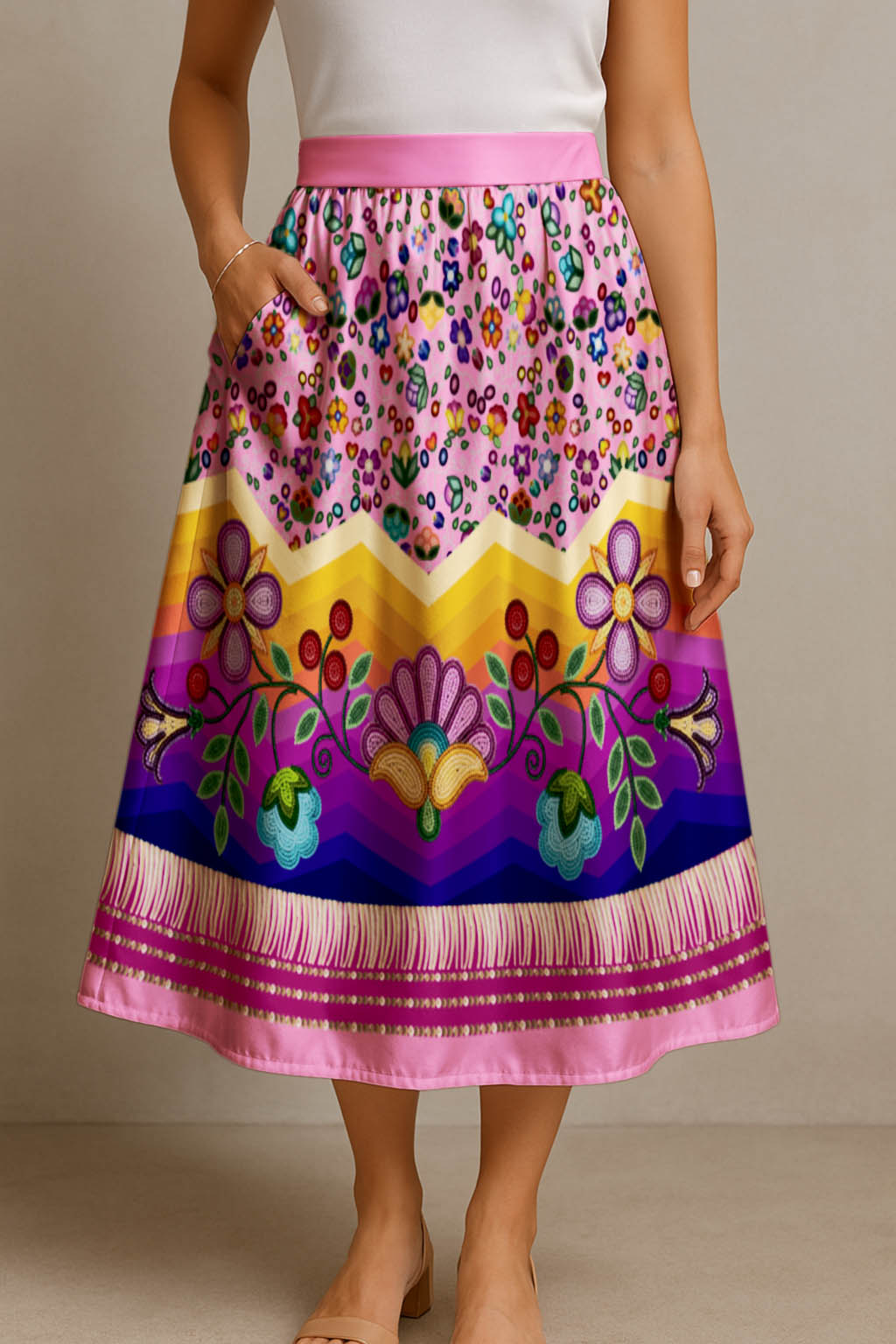 Beaded Offering Pink 3 Elastic Waist Pocket Midi Skirt