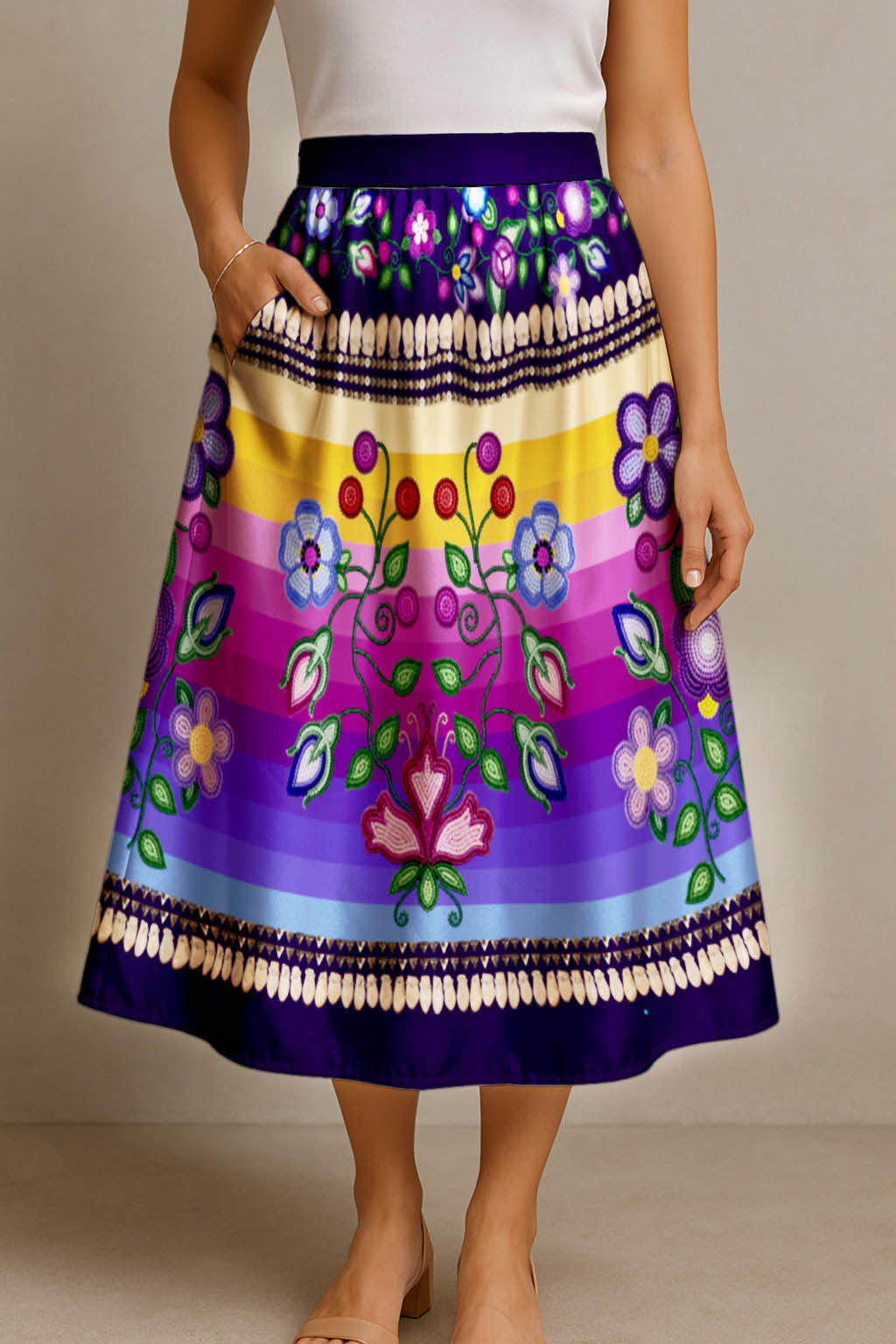 Beaded Offering Purple 1 Elastic Waist Pocket Midi Skirt