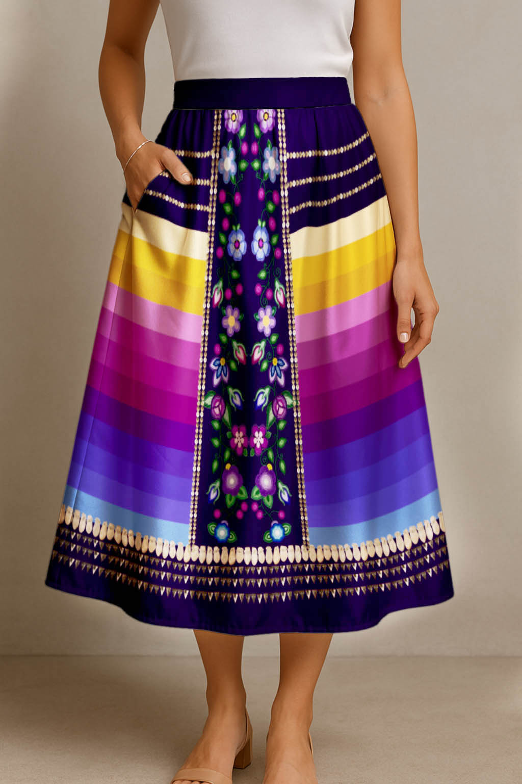 Beaded Offering Purple 2 Elastic Waist Pocket Midi Skirt