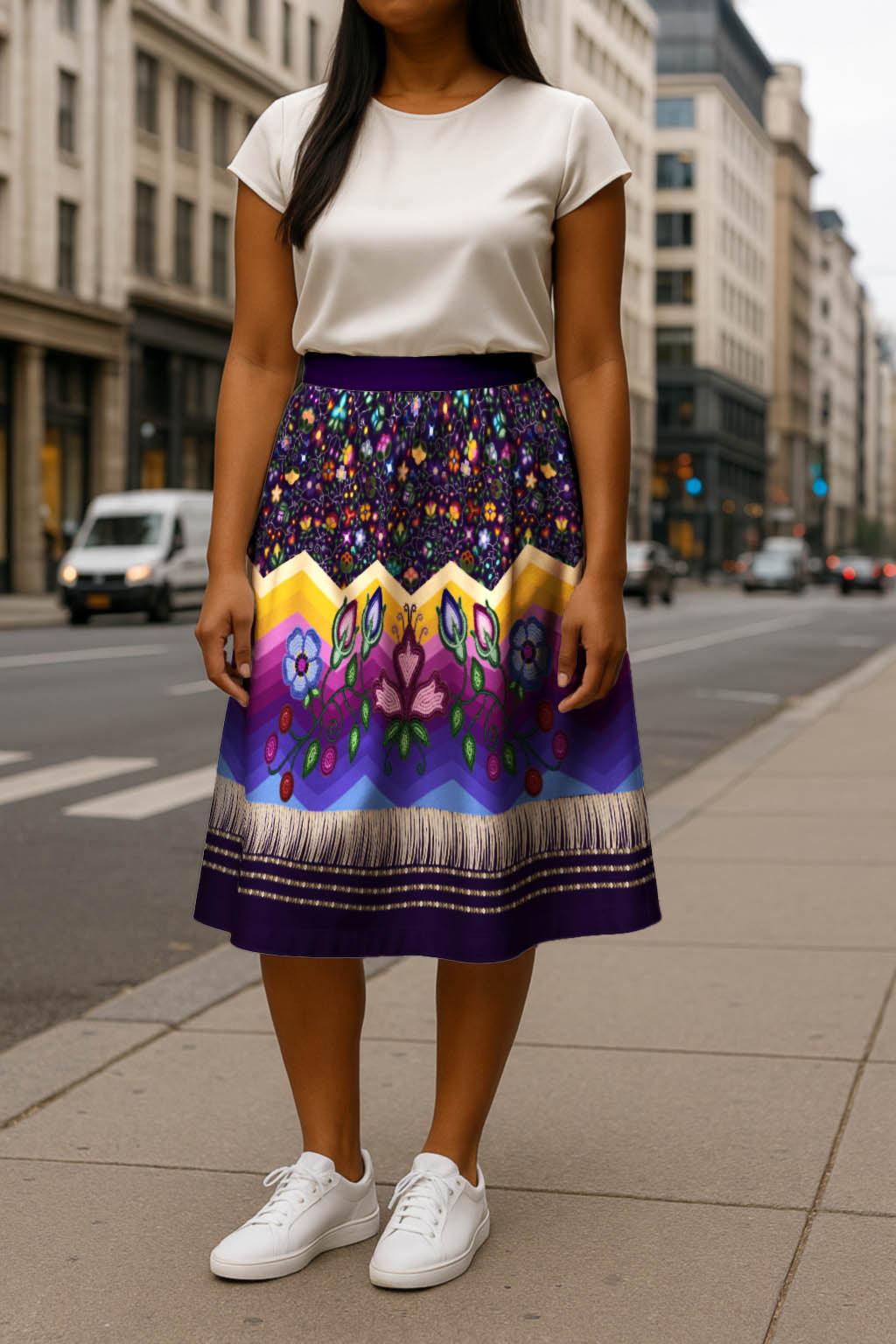 Beaded Offering Purple 3 Elastic Waist Pocket Midi Skirt