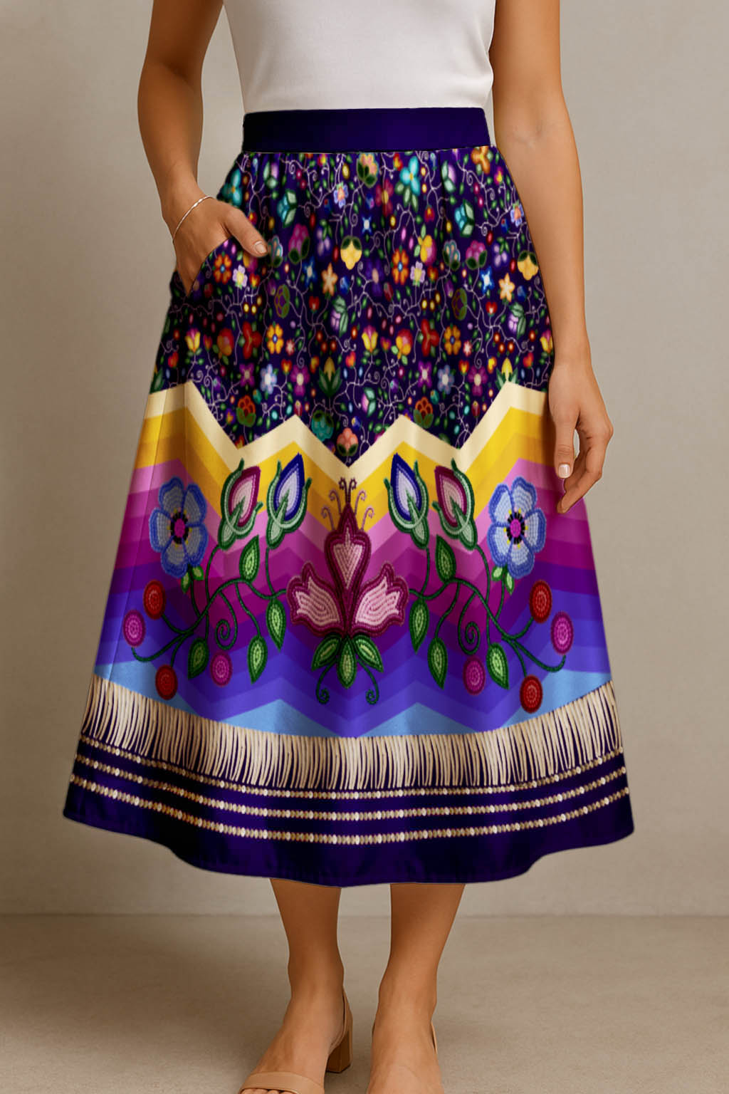 Beaded Offering Purple 3 Elastic Waist Pocket Midi Skirt