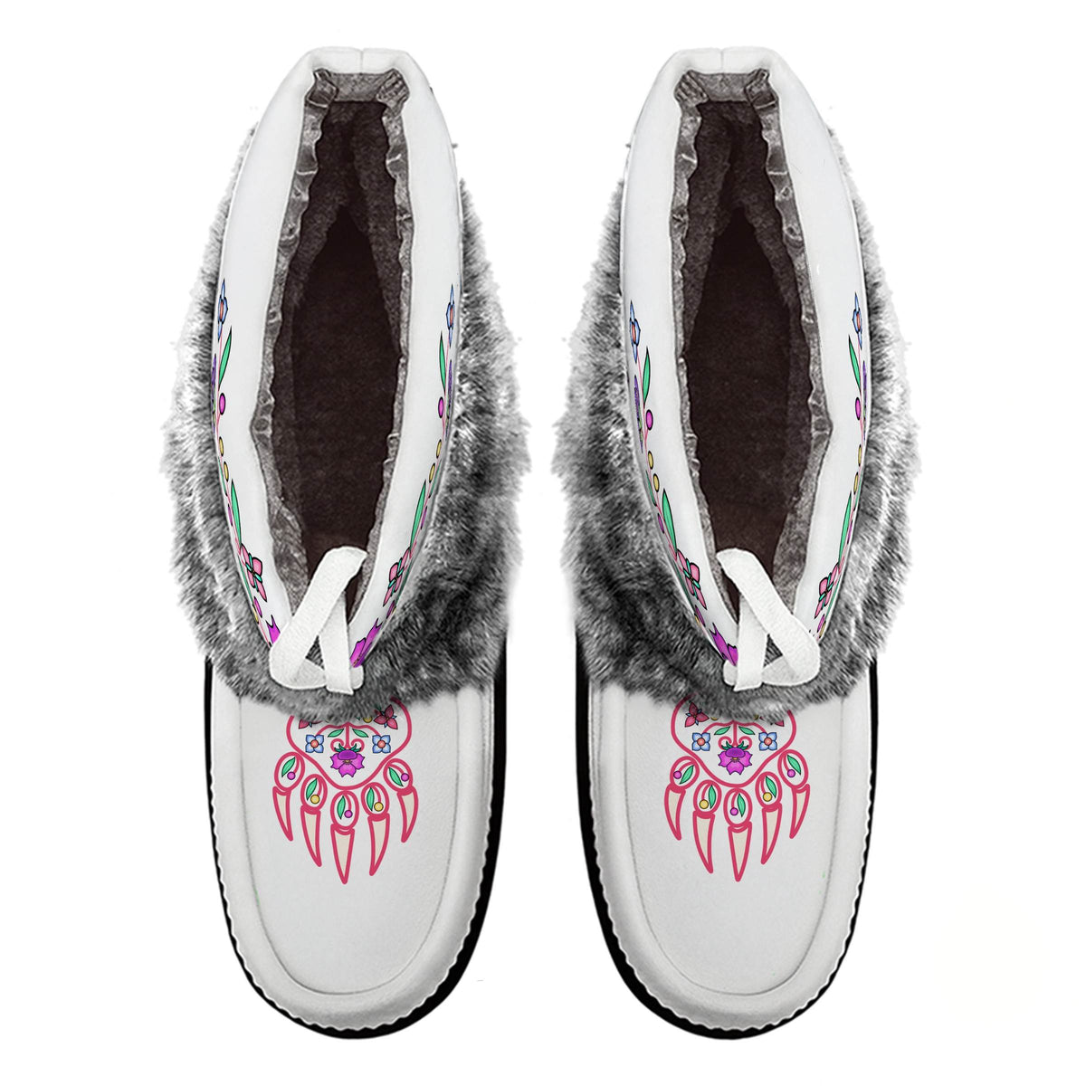 Bear Floral White Leather MocLux Ankle with Grey Fur from above, sherpa lining, white ties and printed toe design