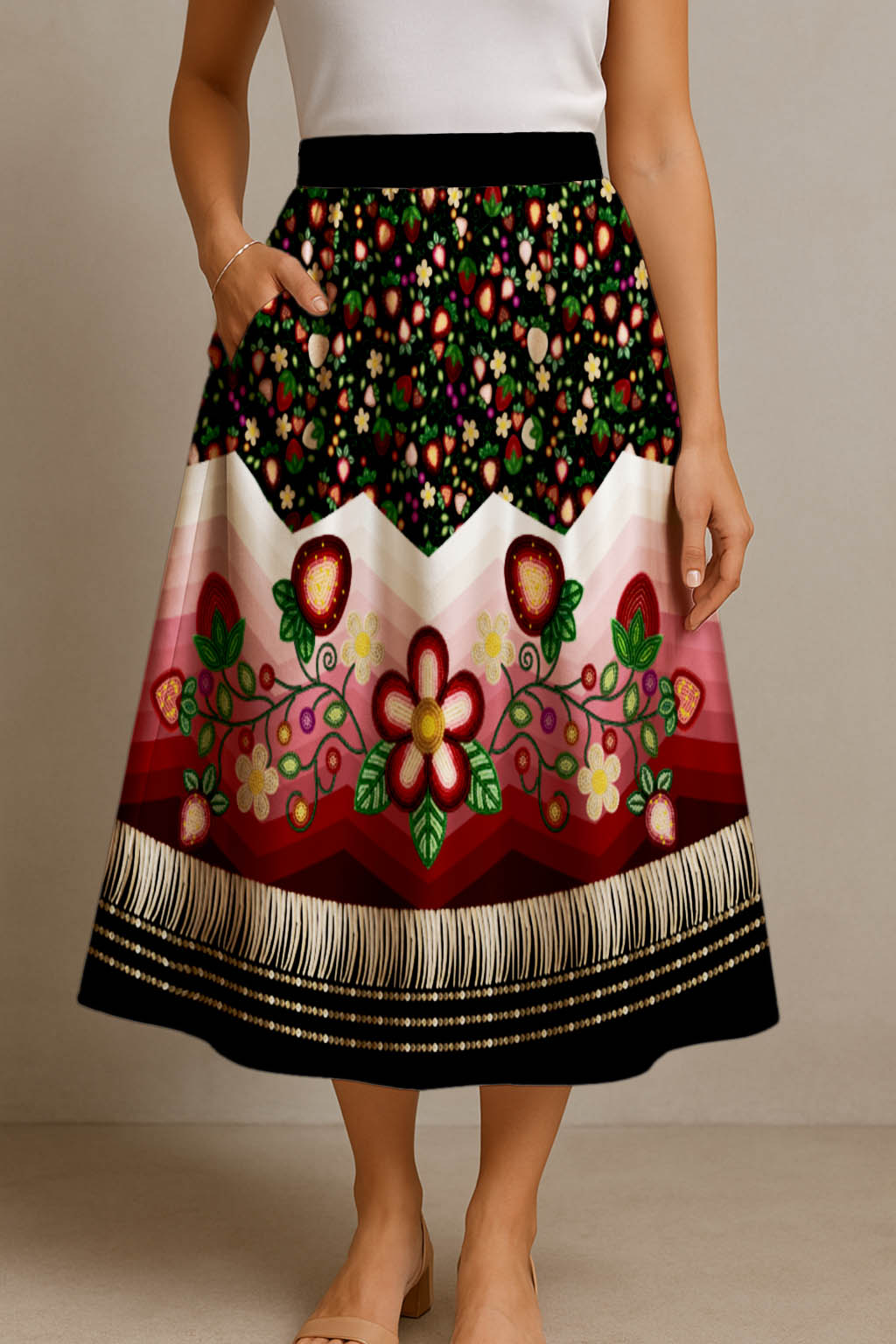 Berry Rites Black 3 Elastic Waist Pocket Midi Skirt