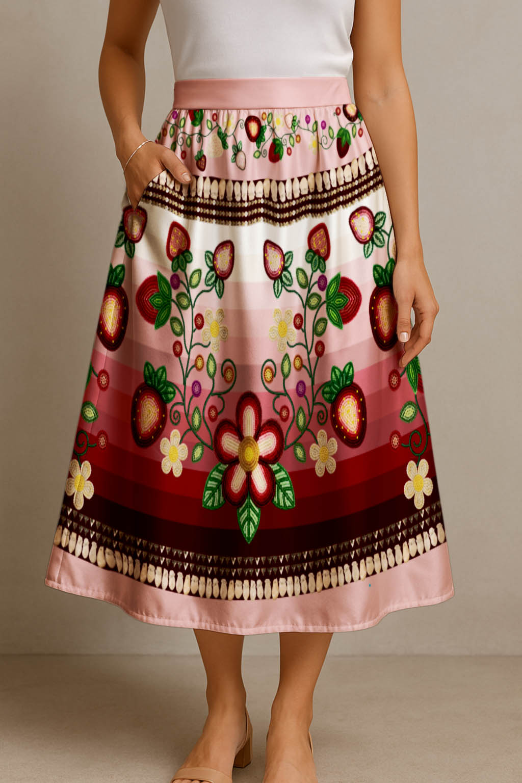 Berry Rites Pink 1 Elastic Waist Pocket Midi Skirt