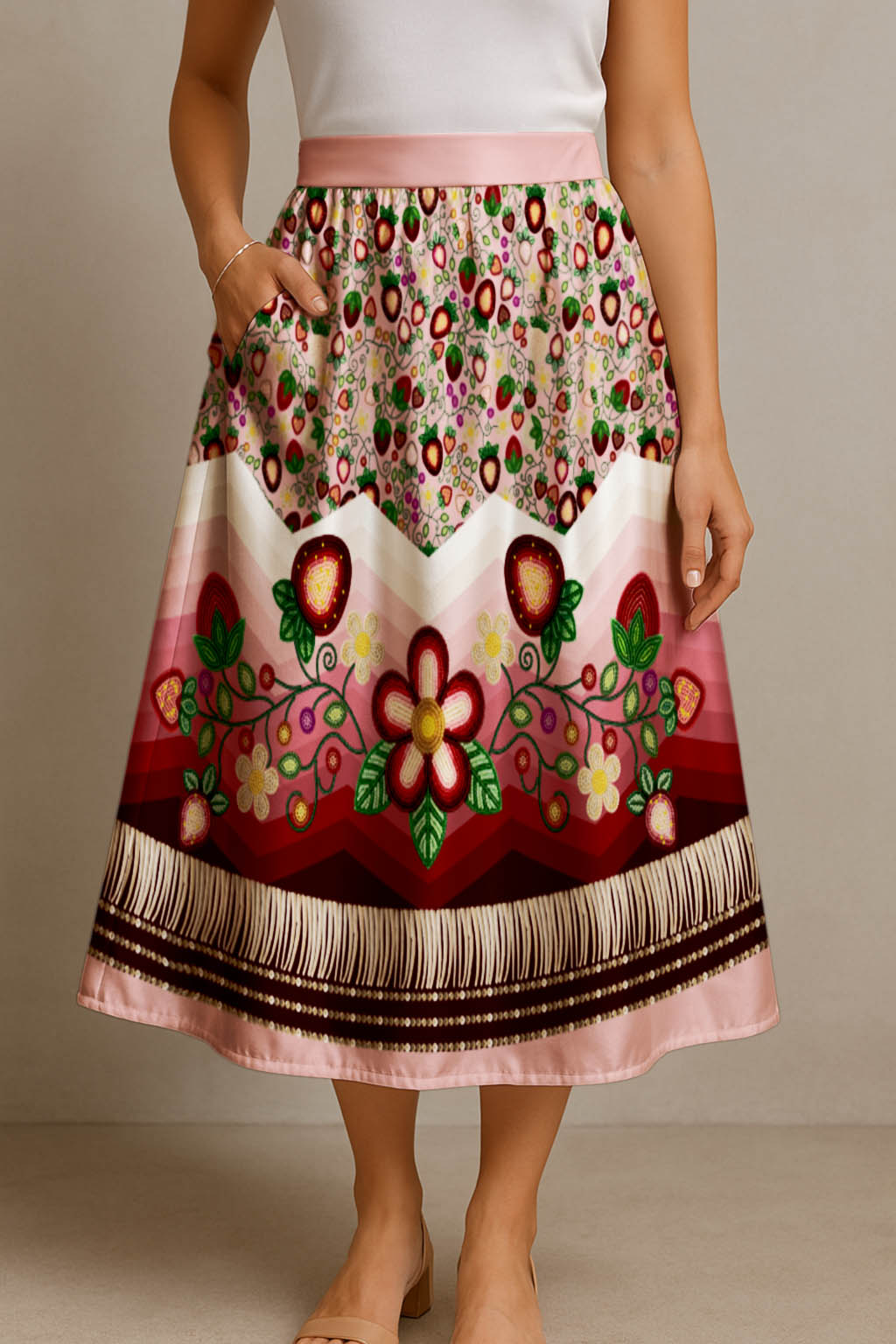 Berry Rites Pink 3 Elastic Waist Pocket Midi Skirt