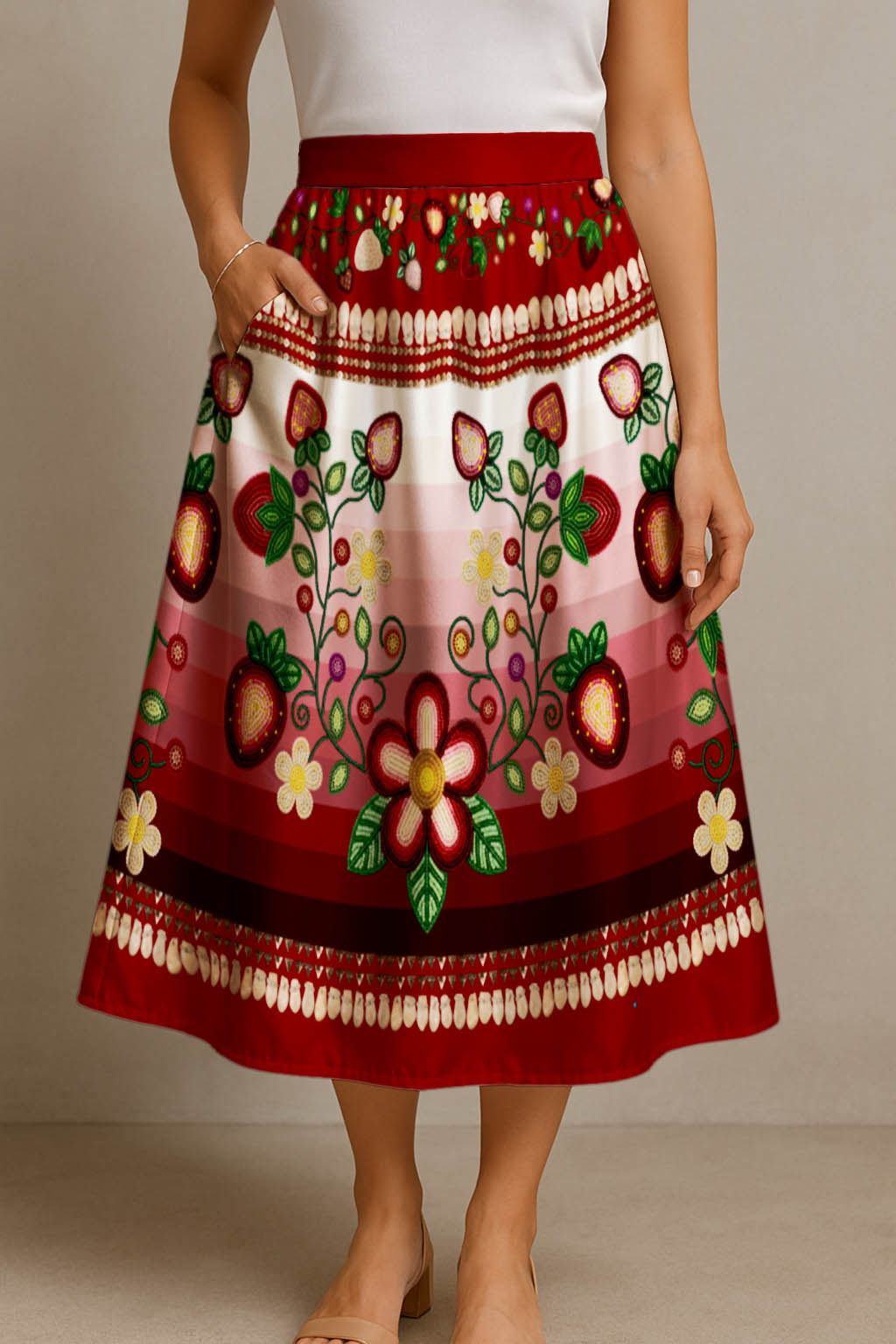 Berry Rites Red 1 Elastic Waist Pocket Midi Skirt