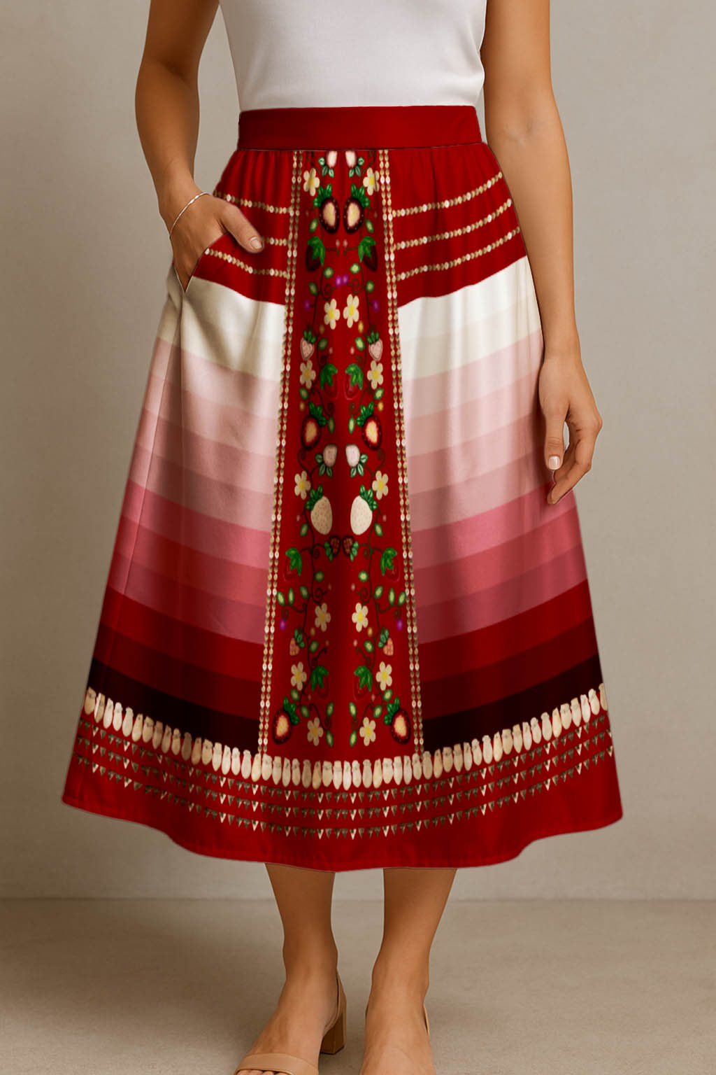 Berry Rites Red 2 Elastic Waist Pocket Midi Skirt