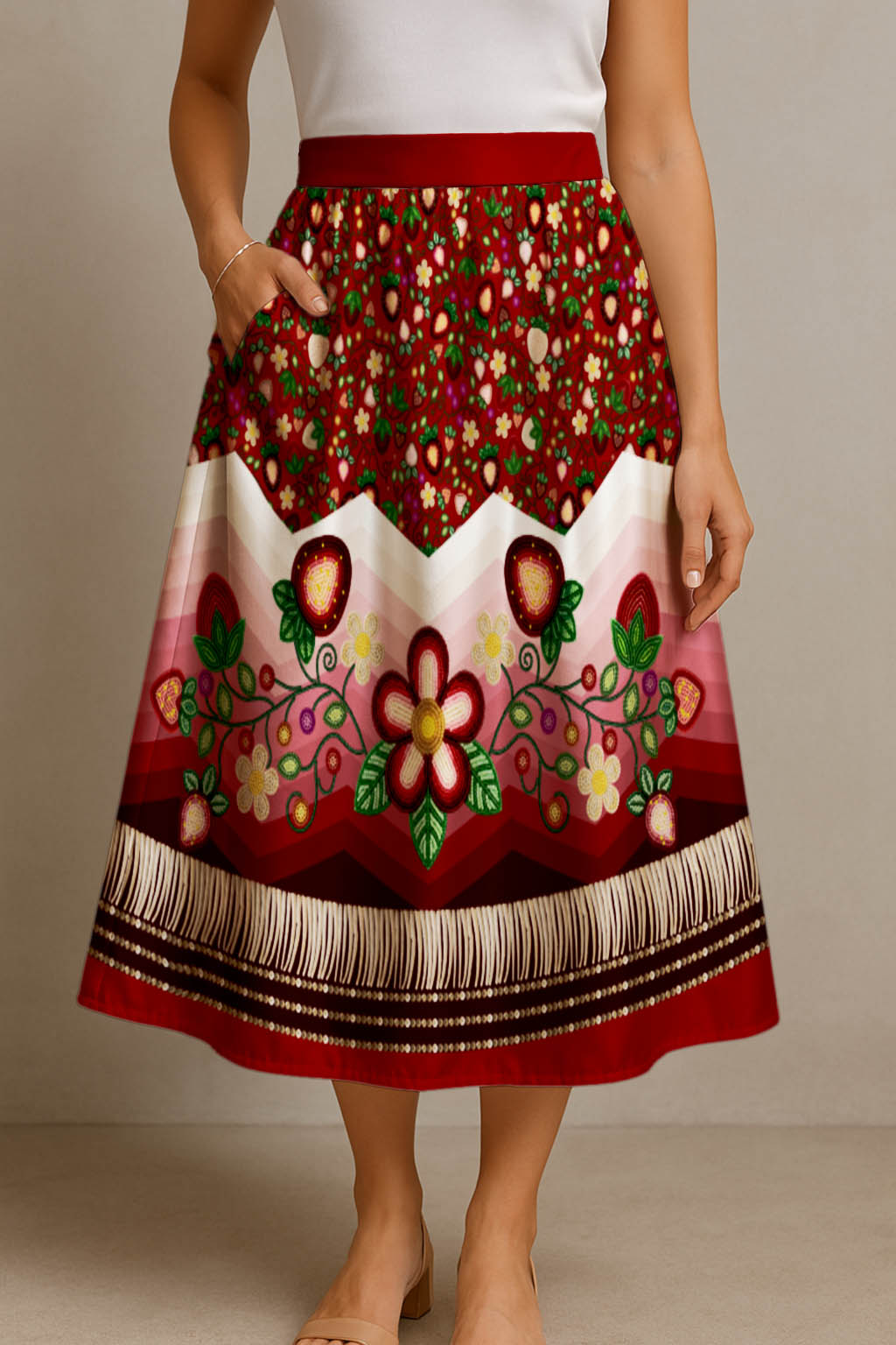 Berry Rites Red 3 Elastic Waist Pocket Midi Skirt