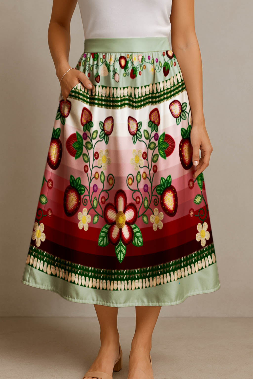 Berry Rites Sage 1 Elastic Waist Pocket Midi Skirt