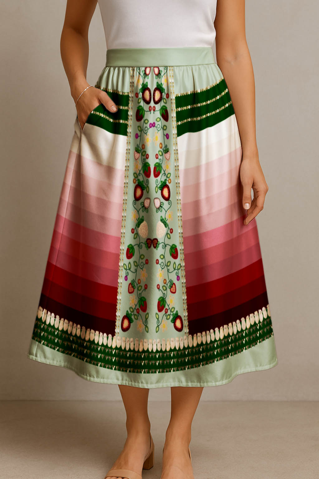 Berry Rites Sage 2 Elastic Waist Pocket Midi Skirt