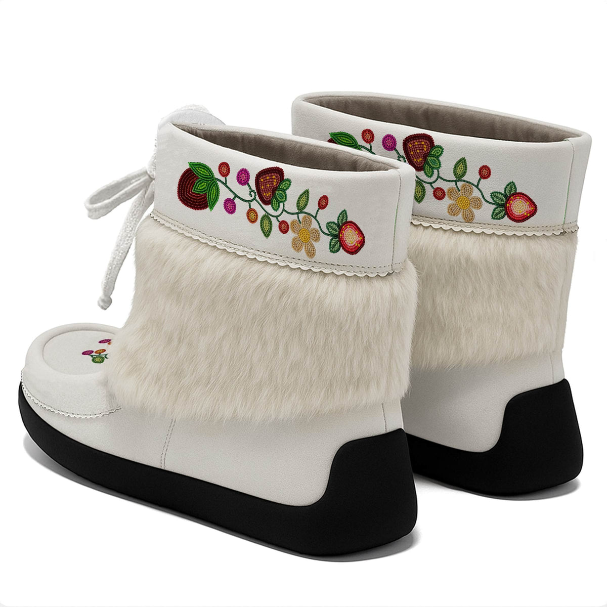 Berry Garden white ankle MocLux (white fur) pair from behind at an angle, fur band above the heels