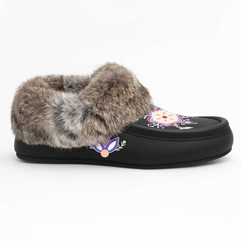 Aurora Petal Glow Black Leather Mottled Fur Moccasin