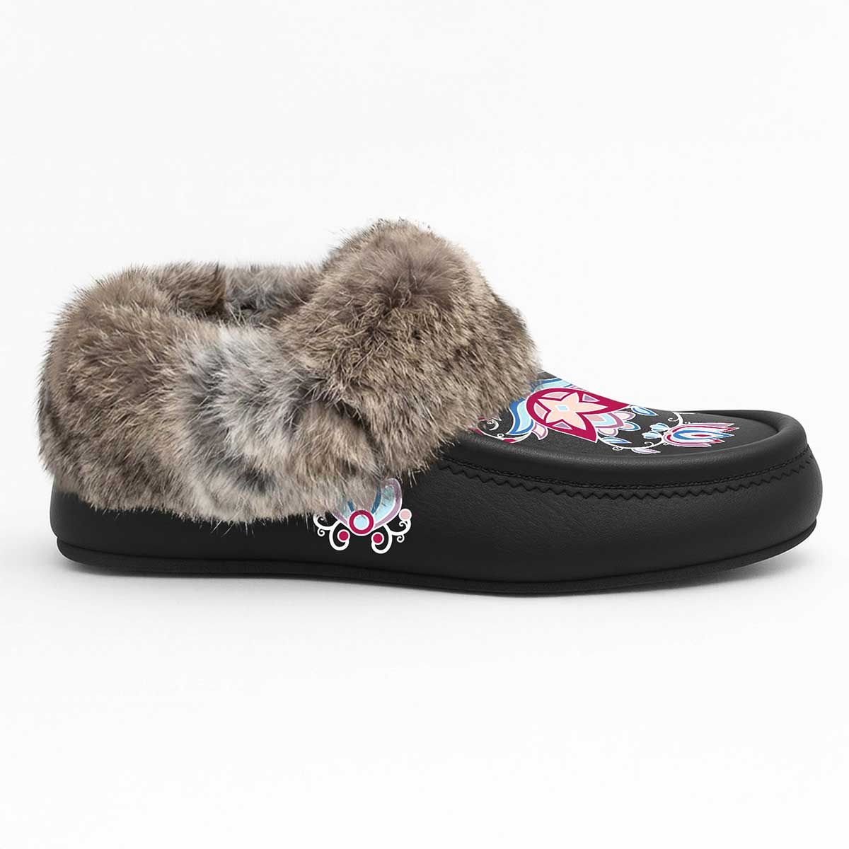 Northern Ember Black Leather Mottled Fur Moccasin