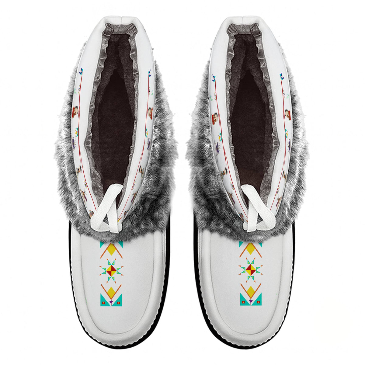 Blackfoot Line White Leather MocLux Ankle with Grey Fur from above, sherpa lining, white ties and colourful geometric toe design